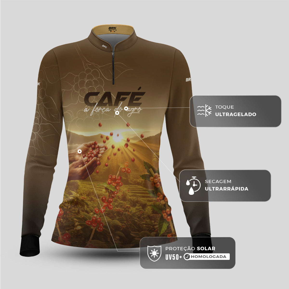 Camisa Agro Feminina Brk Café A Força do Agro com Proteção Solar UV50+ - Brk Agro