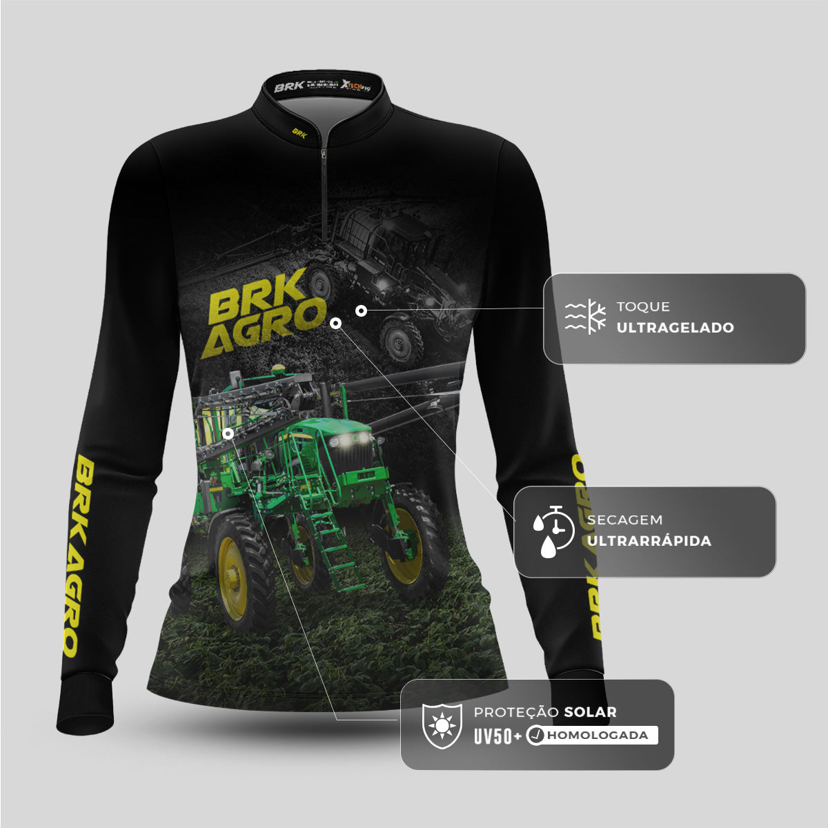 Camisa Agro Feminina Brk Trator Pulverizador M4000 Escura com Proteção Solar UV50+