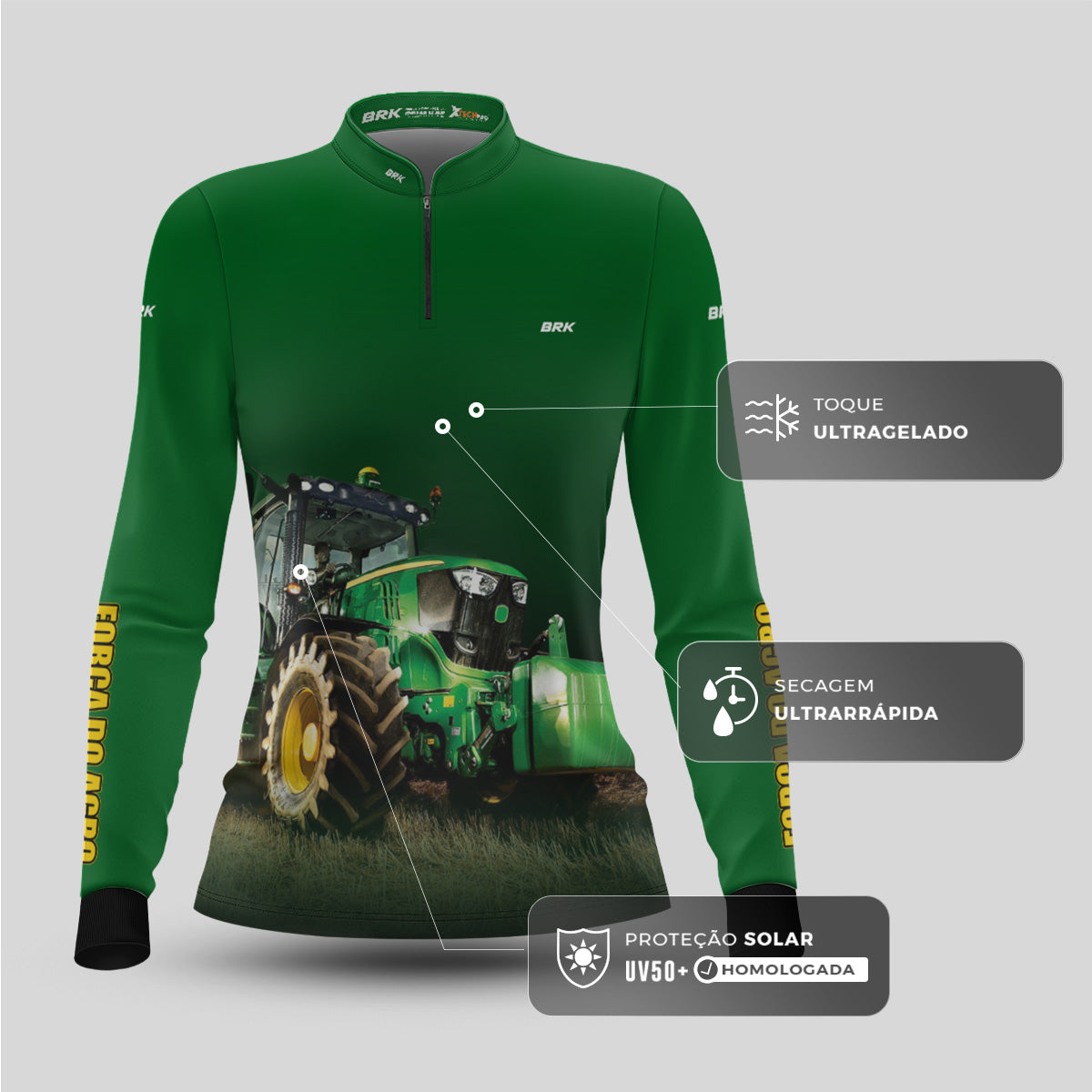 Camisa Feminina Agro Brk Força do Agro Trator Verde com UV50+ - Brk Agro