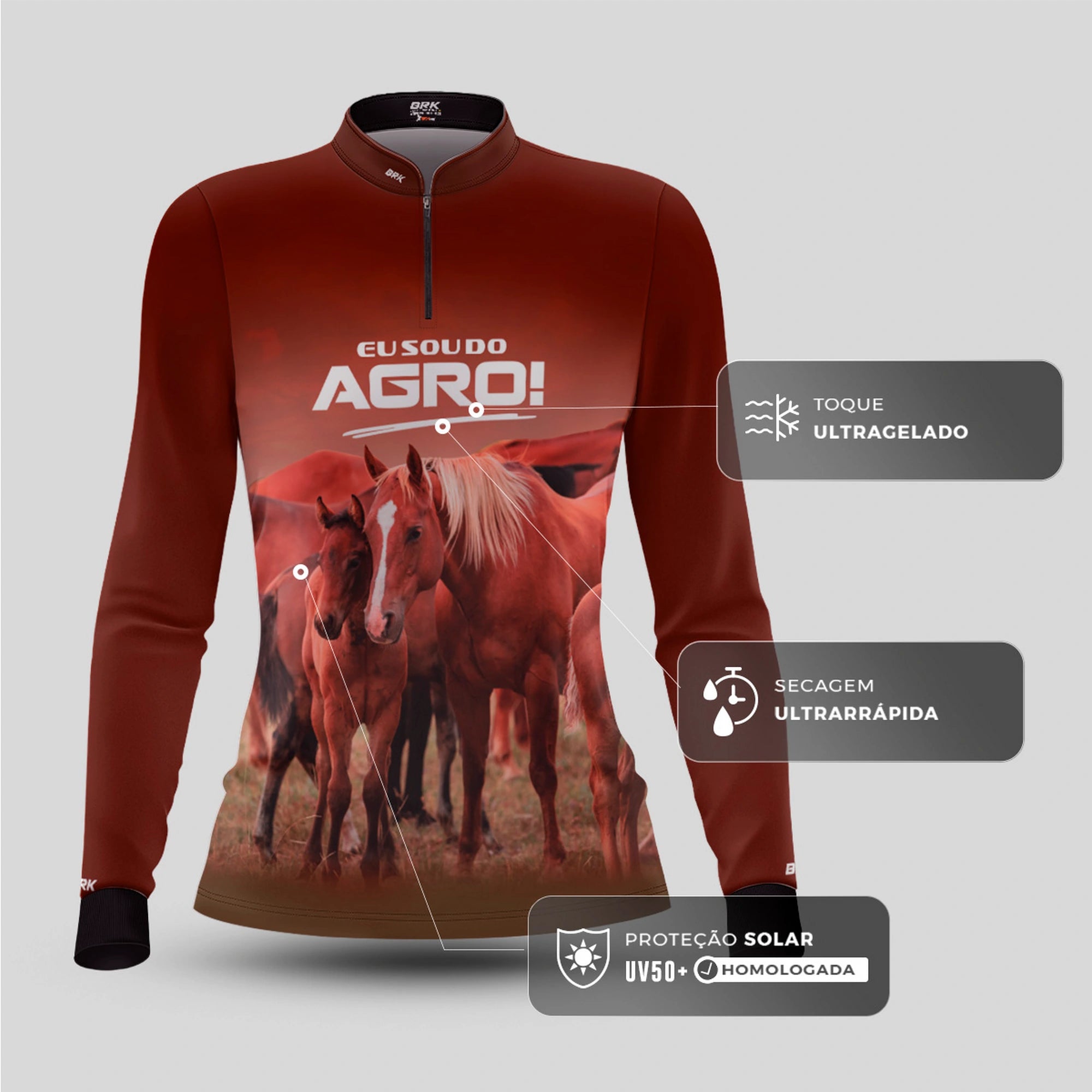 Camisa UV50 Agro Feminina Brk Eu Sou do Agro Marrom Cavalos