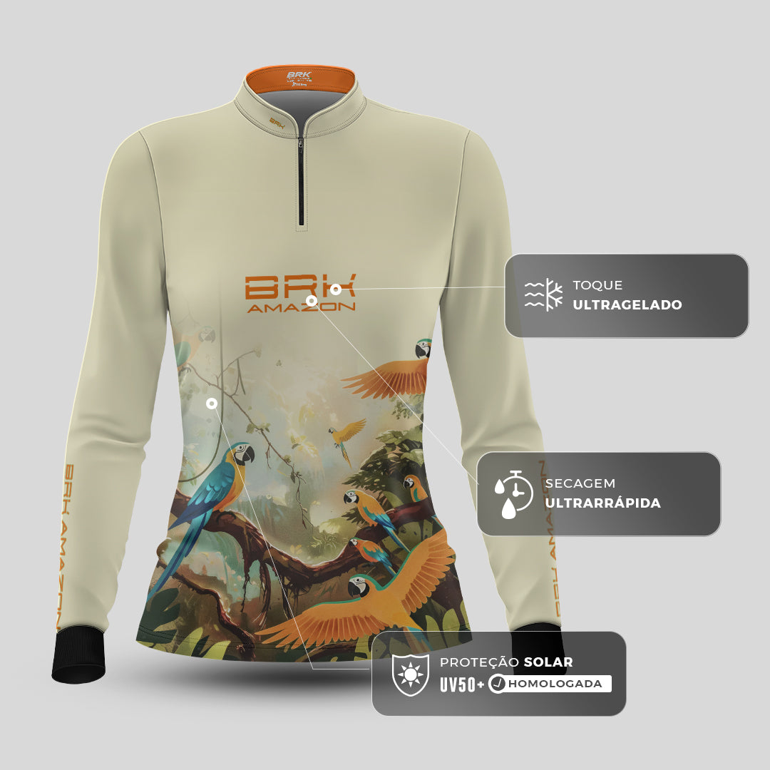 Camisa de Pesca Feminina Brk Amazon Araras com Proteção UV50 - Brk Agro