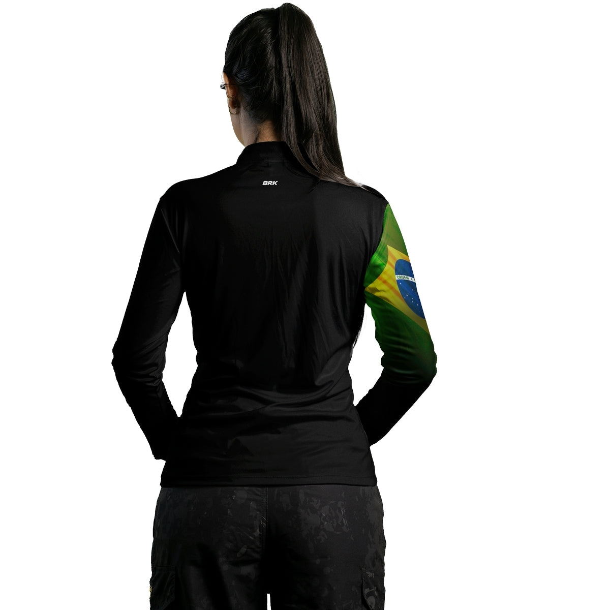 Camisa Feminina Brk Preta Bandeira do Brasil com Proteção Solar UV50 Envio Imediato - Brk Agro