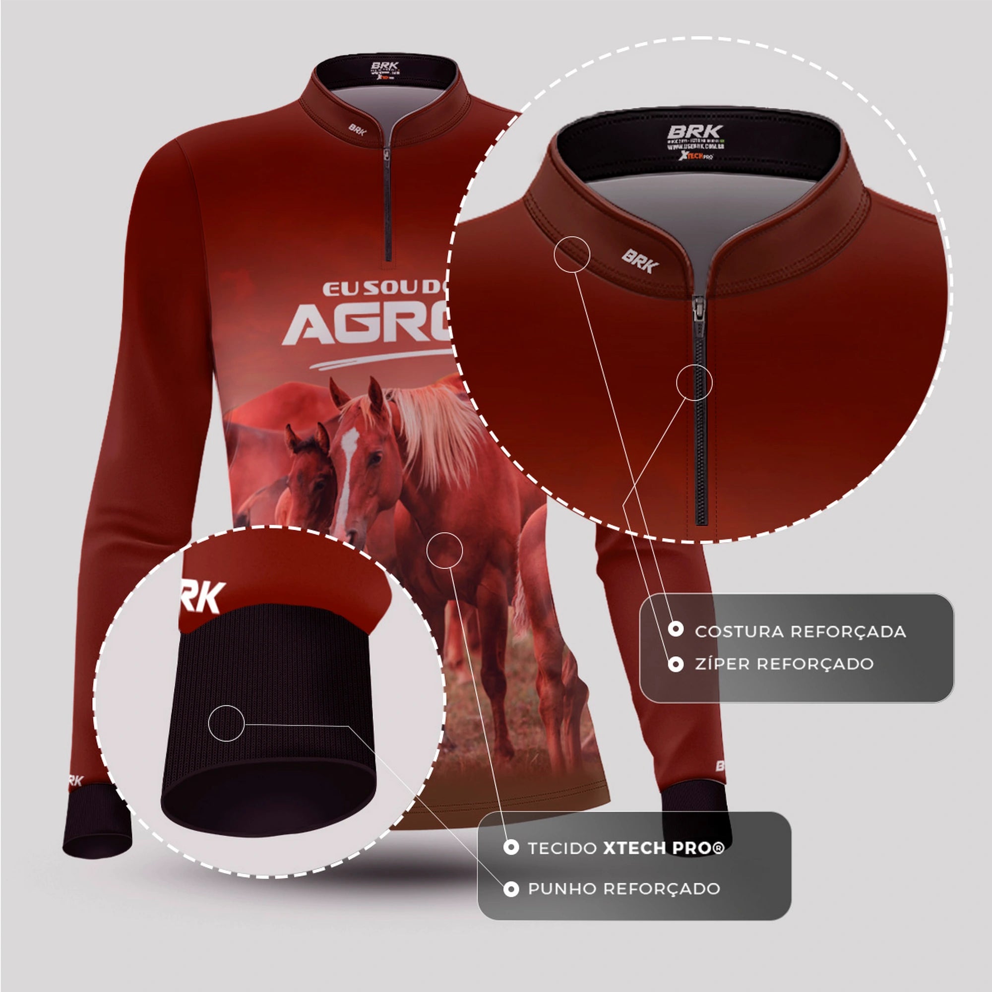 Camisa UV50 Agro Feminina Brk Eu Sou do Agro Marrom Cavalos