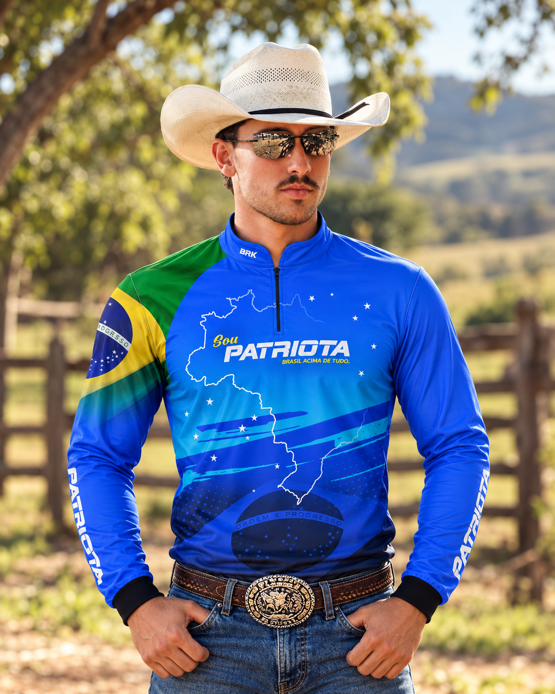 Camisa Agro Brk Básica Patriota Azul Bandeira do Brasil com Proteção UV50+