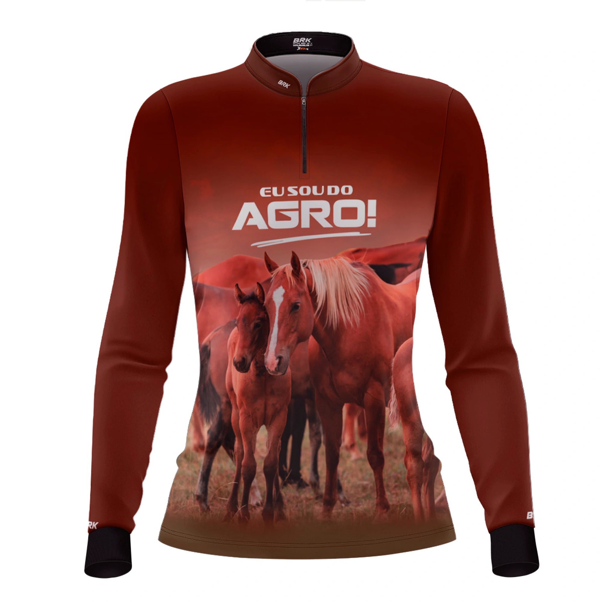 Camisa UV50 Agro Feminina Brk Eu Sou do Agro Marrom Cavalos