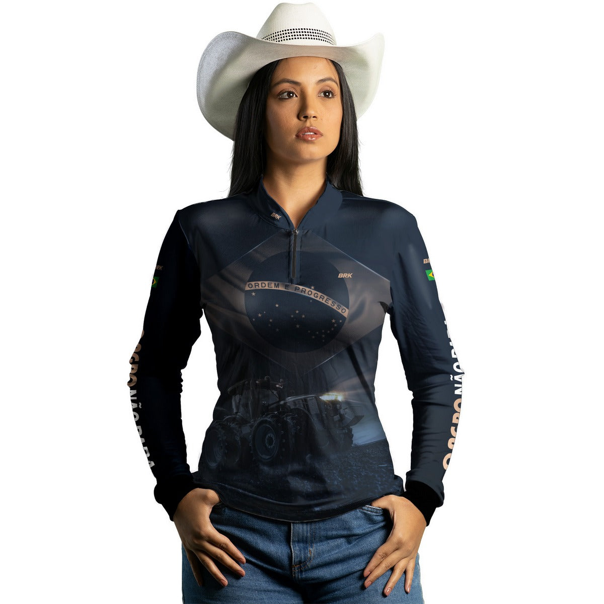 Camisa Agro Feminina Brk Azul Trator Bandeira do Brasil com Proteção Solar UV50+ - Brk Agro