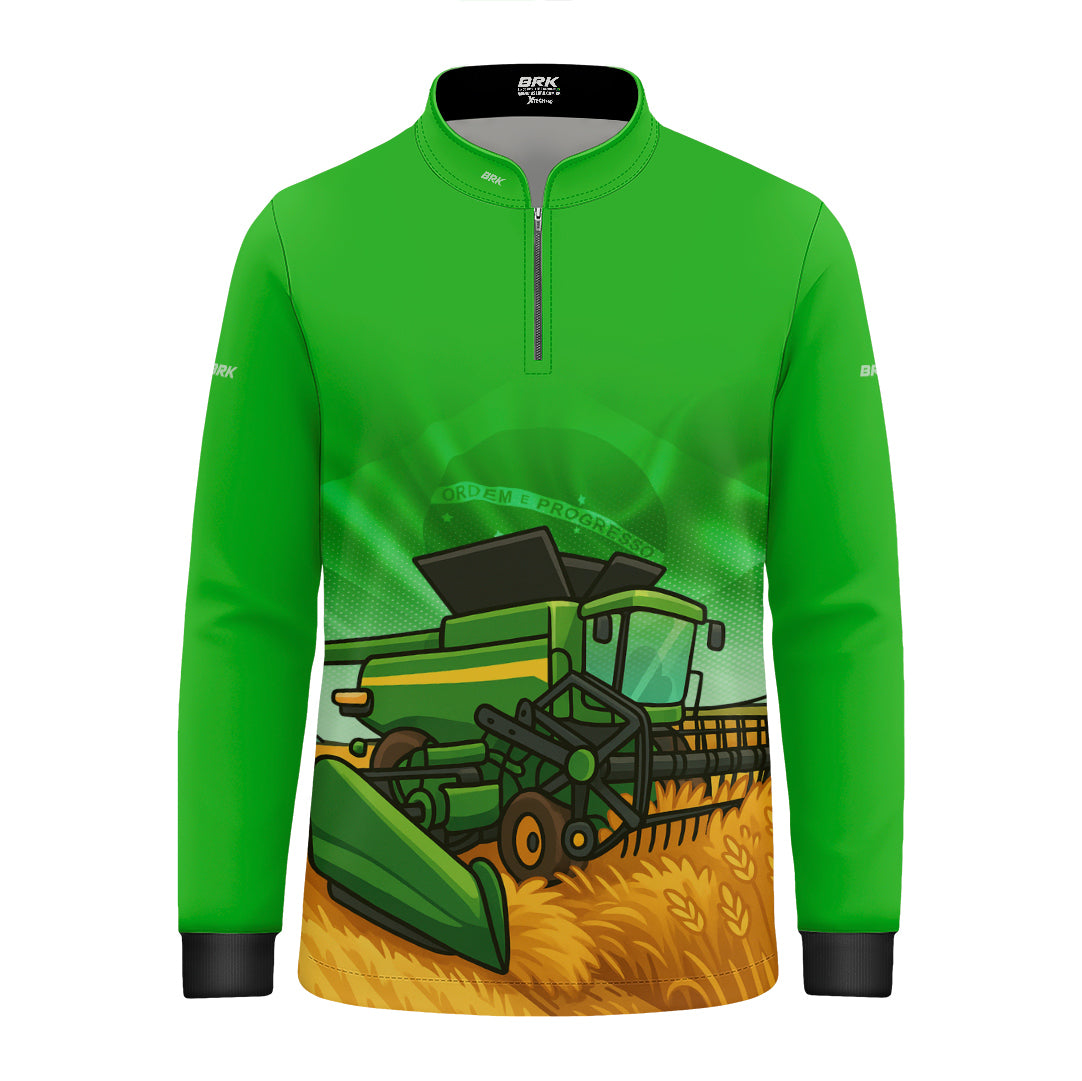 Camisa Agro Kids Brk Verde Colheitadeira c/ UV50 + Revista para Colorir e Envio FULL - Brk Agro