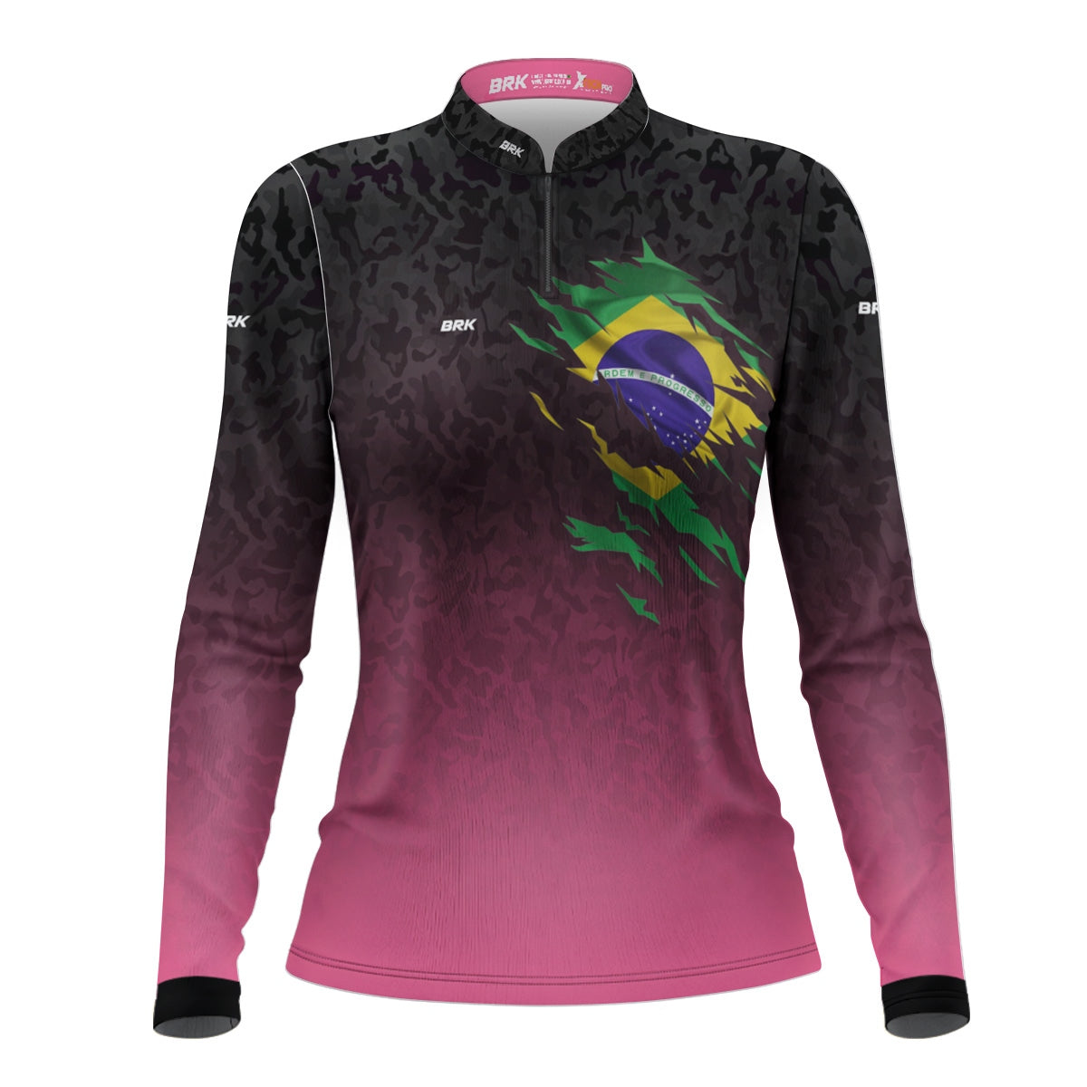 Camisa Feminina Agro Brk Camuflado Preto e Rosa Bandeira do Brasil com Proteção Solar UV50+ - Brk Agro