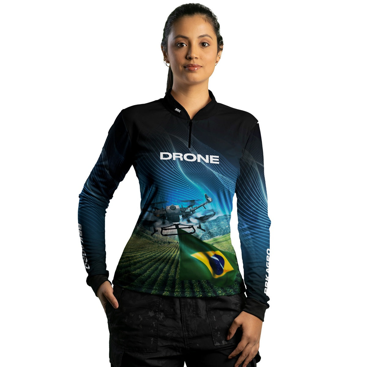 Camisa Agro Feminina Brk Drone Bandeira do Brasil com Proteção Solar UV50+ - Brk Agro