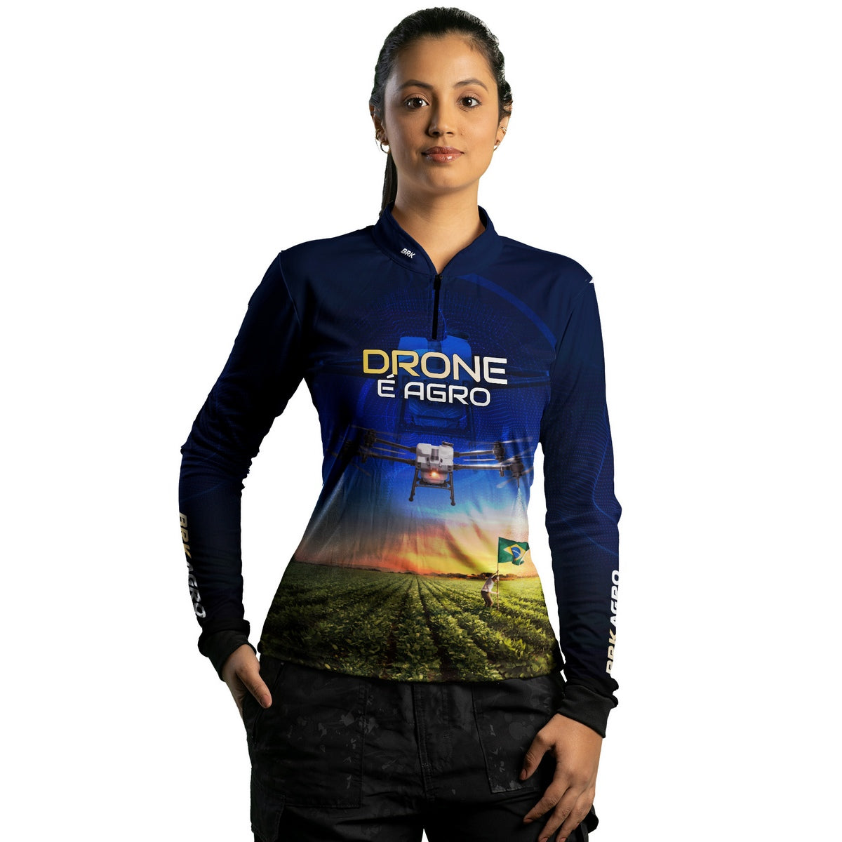 Camisa Agro Feminina Brk Drone Bandeira do Brasil com Proteção Solar UV50+ - Brk Agro