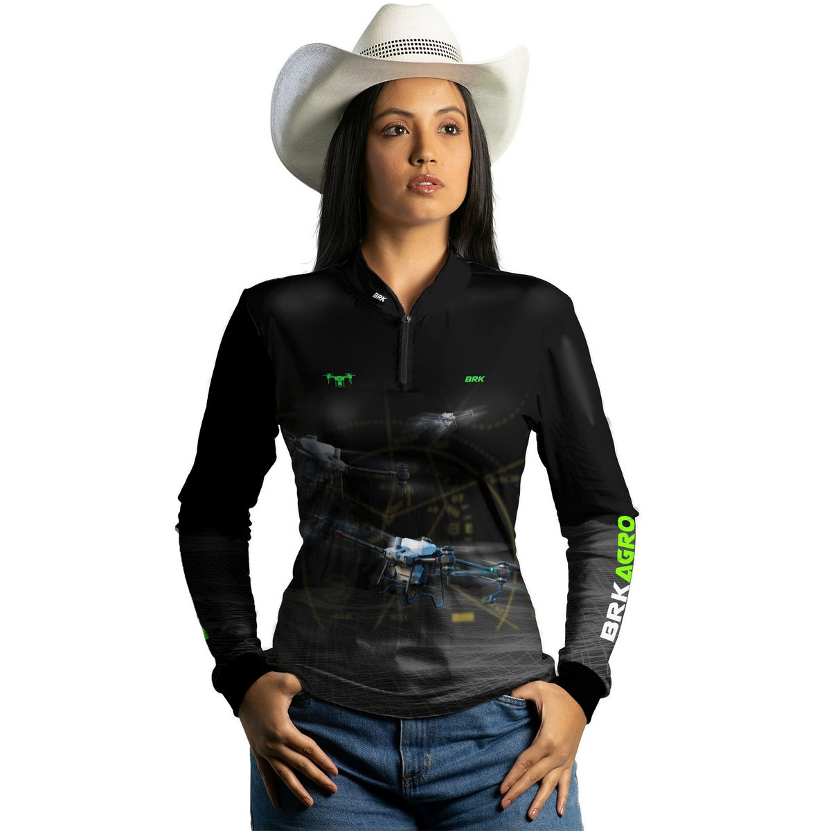 Camisa Agro Feminina Brk Drone T40 Air Force Preto com Proteção Solar UV50+ - Brk Agro