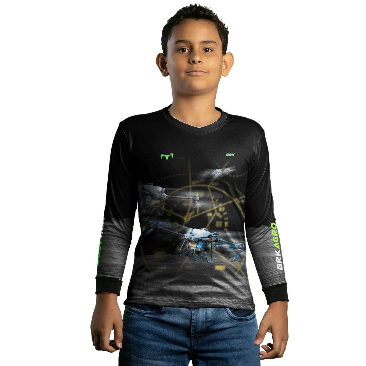 Camisa Agro Infantil Brk Drone T40 Air Force Preto com Proteção Solar UV50+ - Brk Agro