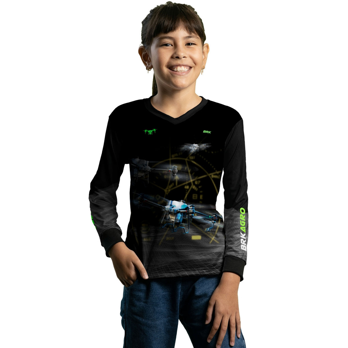 Camisa Agro Infantil Brk Drone T40 Air Force Preto com Proteção Solar UV50+ - Brk Agro