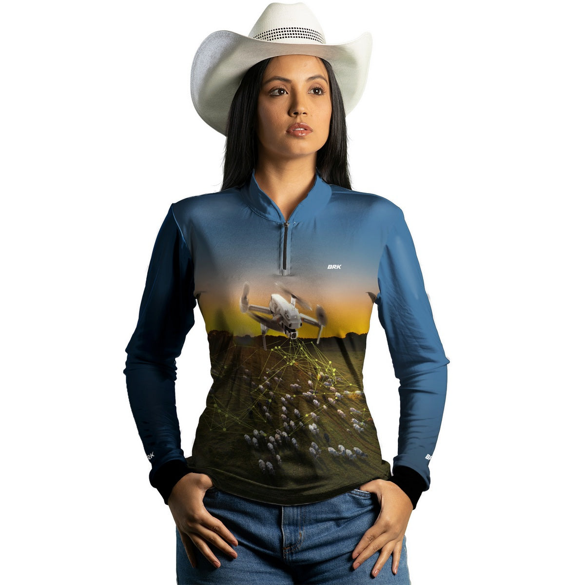 Camisa Agro Feminina Brk Drone Contagem de Gado com Proteção Solar UV50+ - Brk Agro