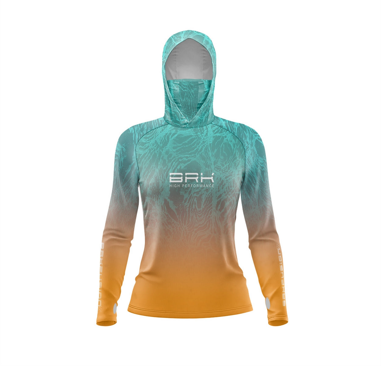 Camisa Feminina FusionX Brk Deep Azul Laranja com Capuz e Proteção Solar UV50+ - Brk Agro