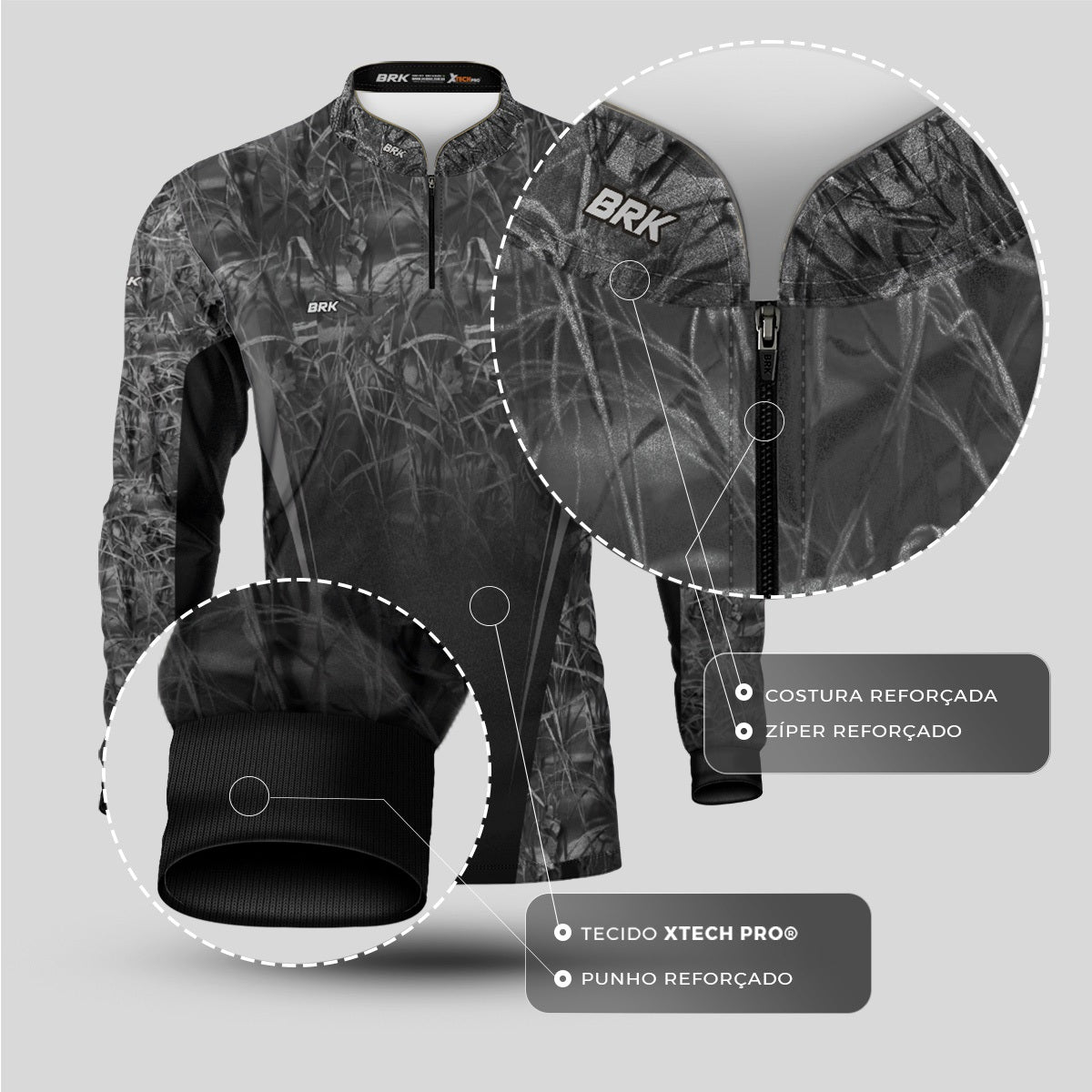 Camisa Agro Brk Camuflada Preto e Cinza com Proteção Solar UV50+ - Brk Agro