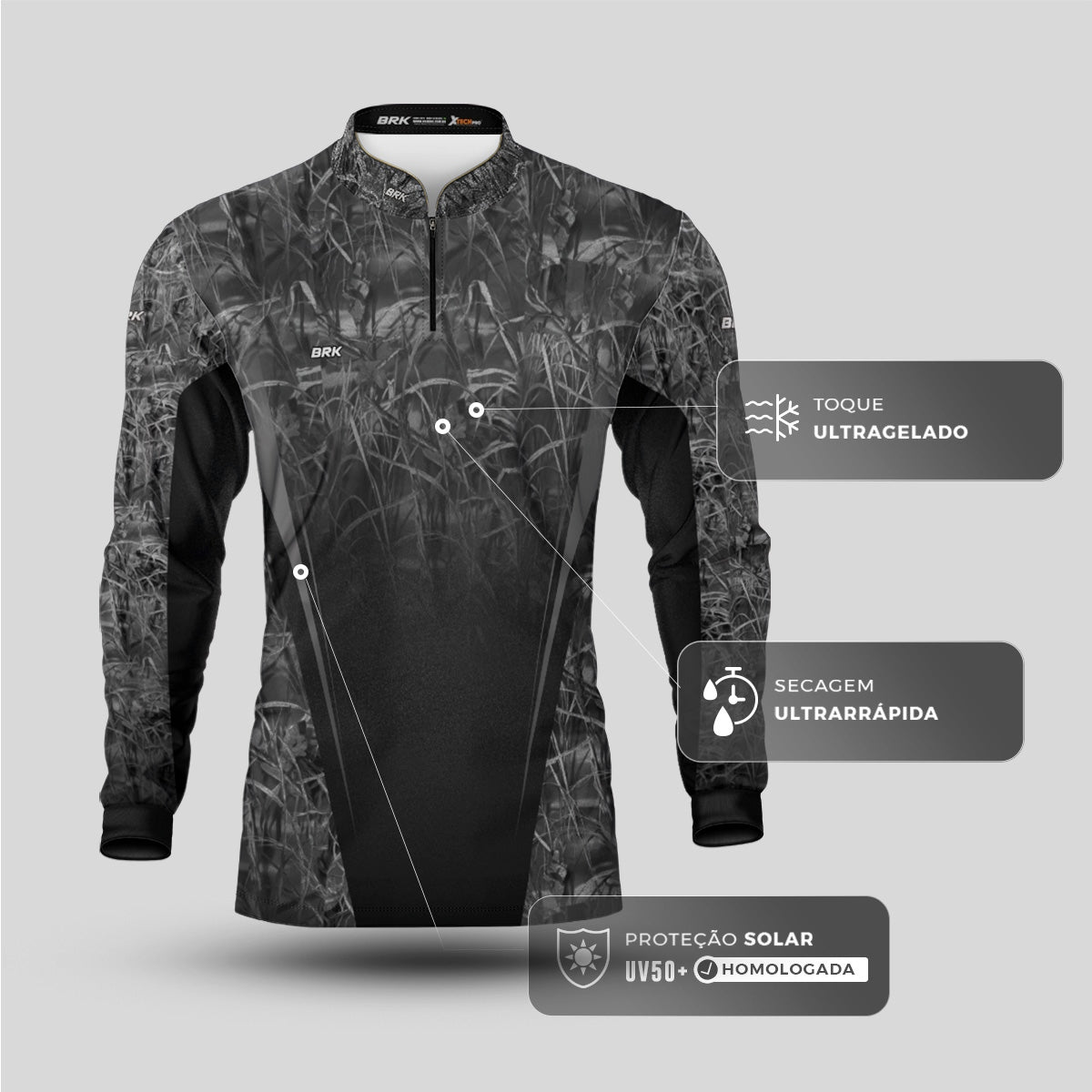 Camisa Agro Brk Camuflada Preto e Cinza com Proteção Solar UV50+ - Brk Agro