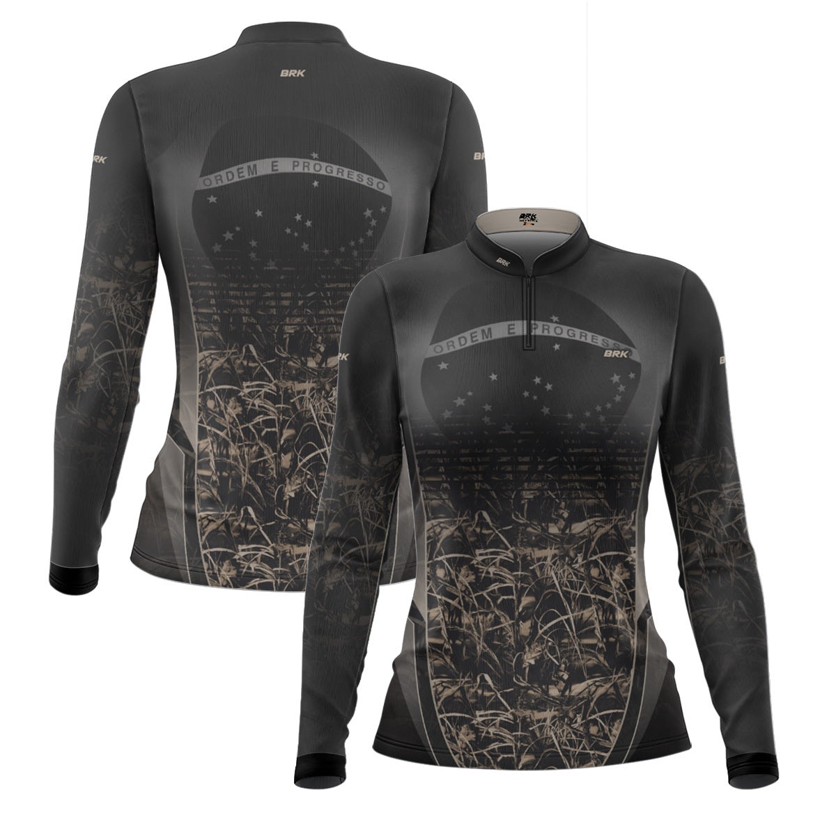 Camisa Agro Feminina Brk Camuflada Cinza com Bandeira do Brasil com Proteção Solar UV50+ - Brk Agro