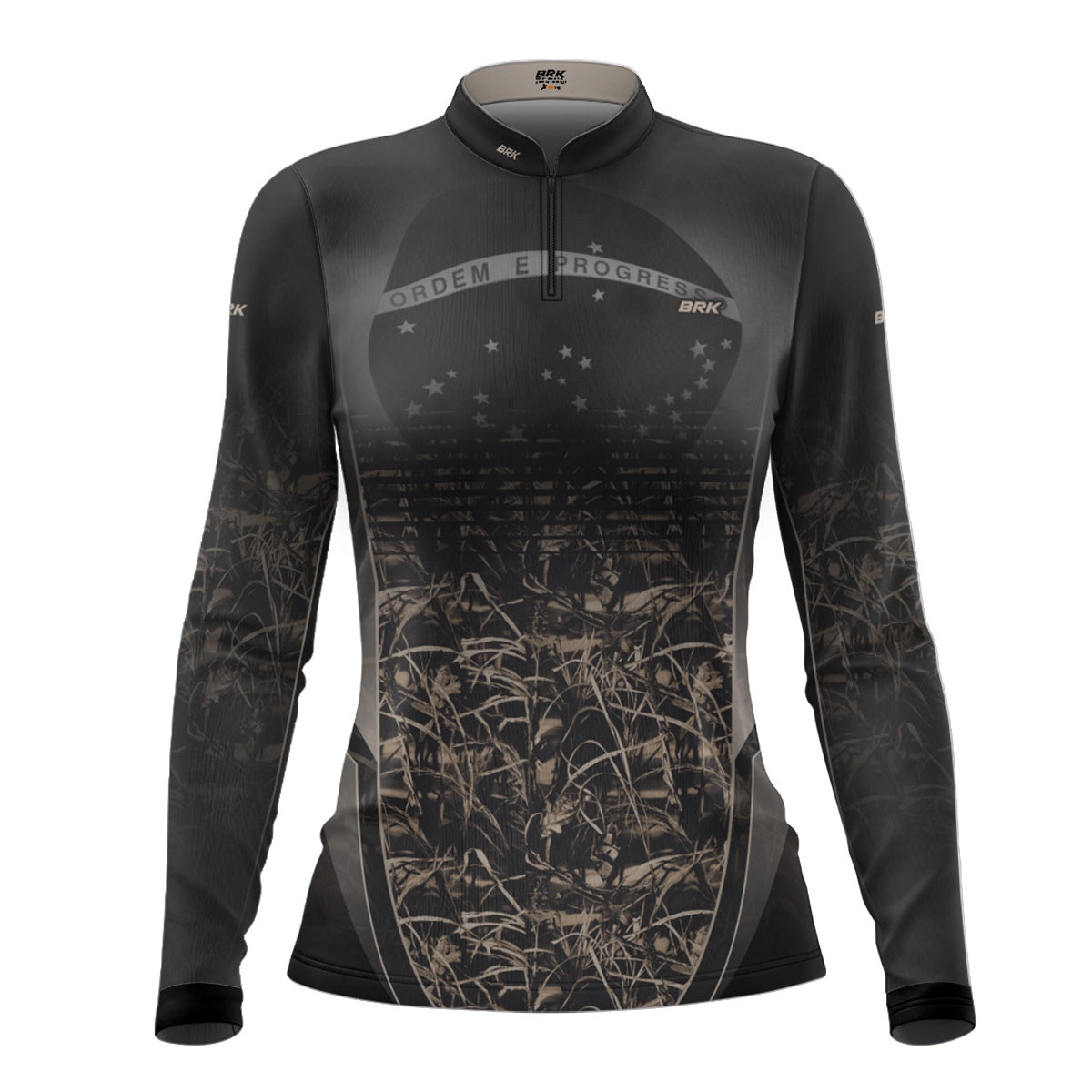 Camisa Agro Feminina Brk Camuflada Cinza com Bandeira do Brasil com Proteção Solar UV50+ - Brk Agro