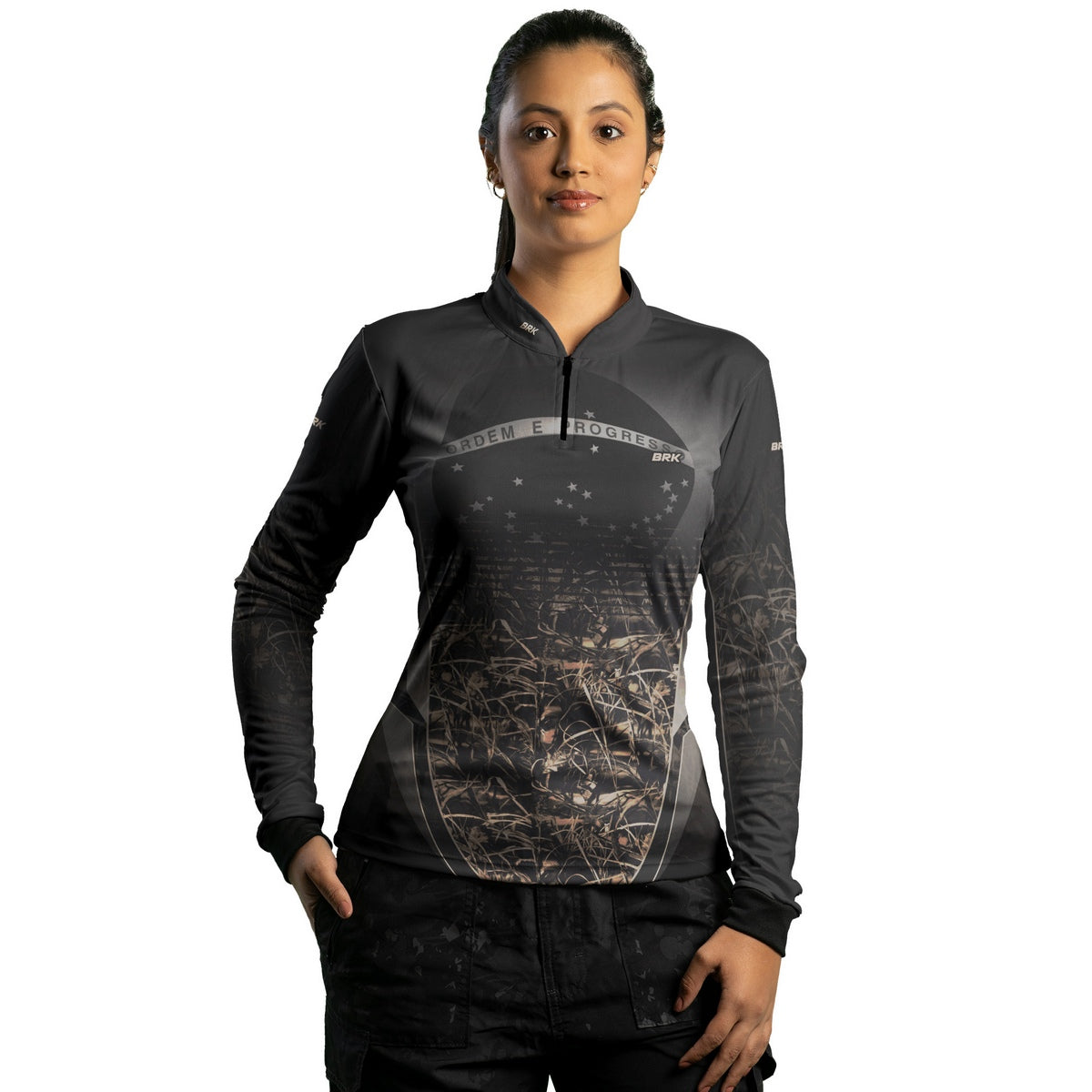 Camisa Agro Feminina Brk Camuflada Cinza com Bandeira do Brasil com Proteção Solar UV50+ - Brk Agro