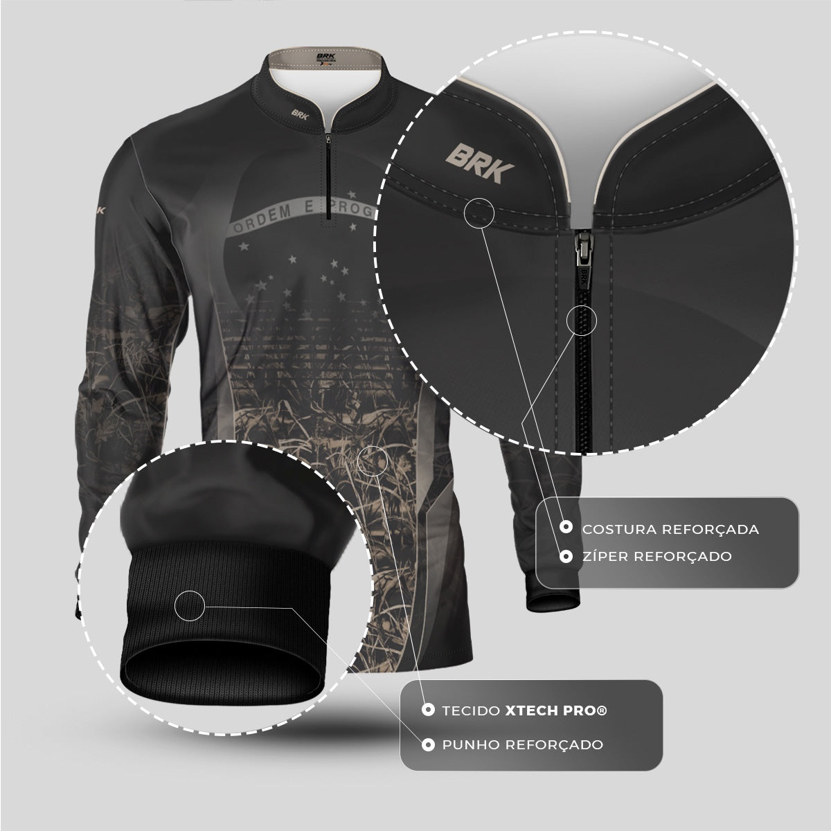 Camisa Agro Brk Camuflada Cinza com Bandeira do Brasil com Proteção Solar UV50+ - Brk Agro