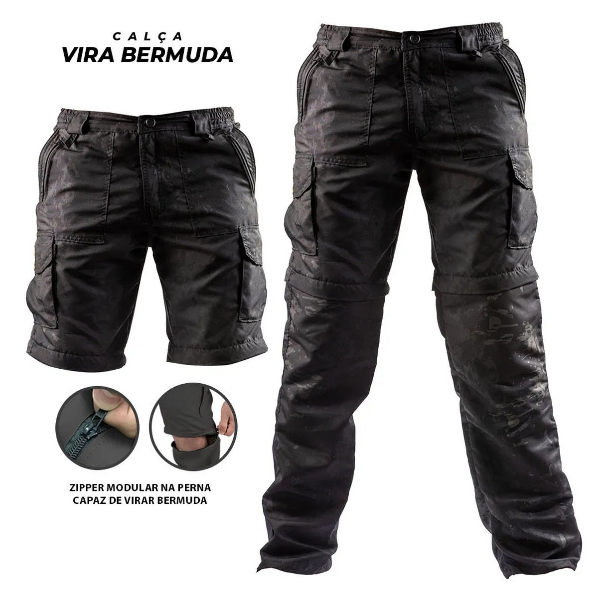 Calça Tática Country Brk Camuflado Preto UV35+ (Vira Bermuda) - Brk Agro