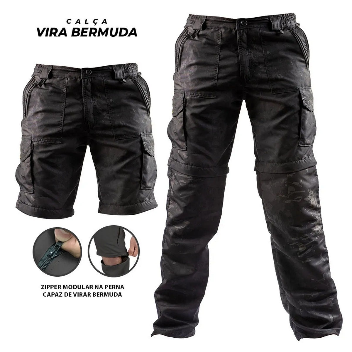 Calça Tática Country Brk Preta UV35+ (Vira Bermuda) - Brk Agro