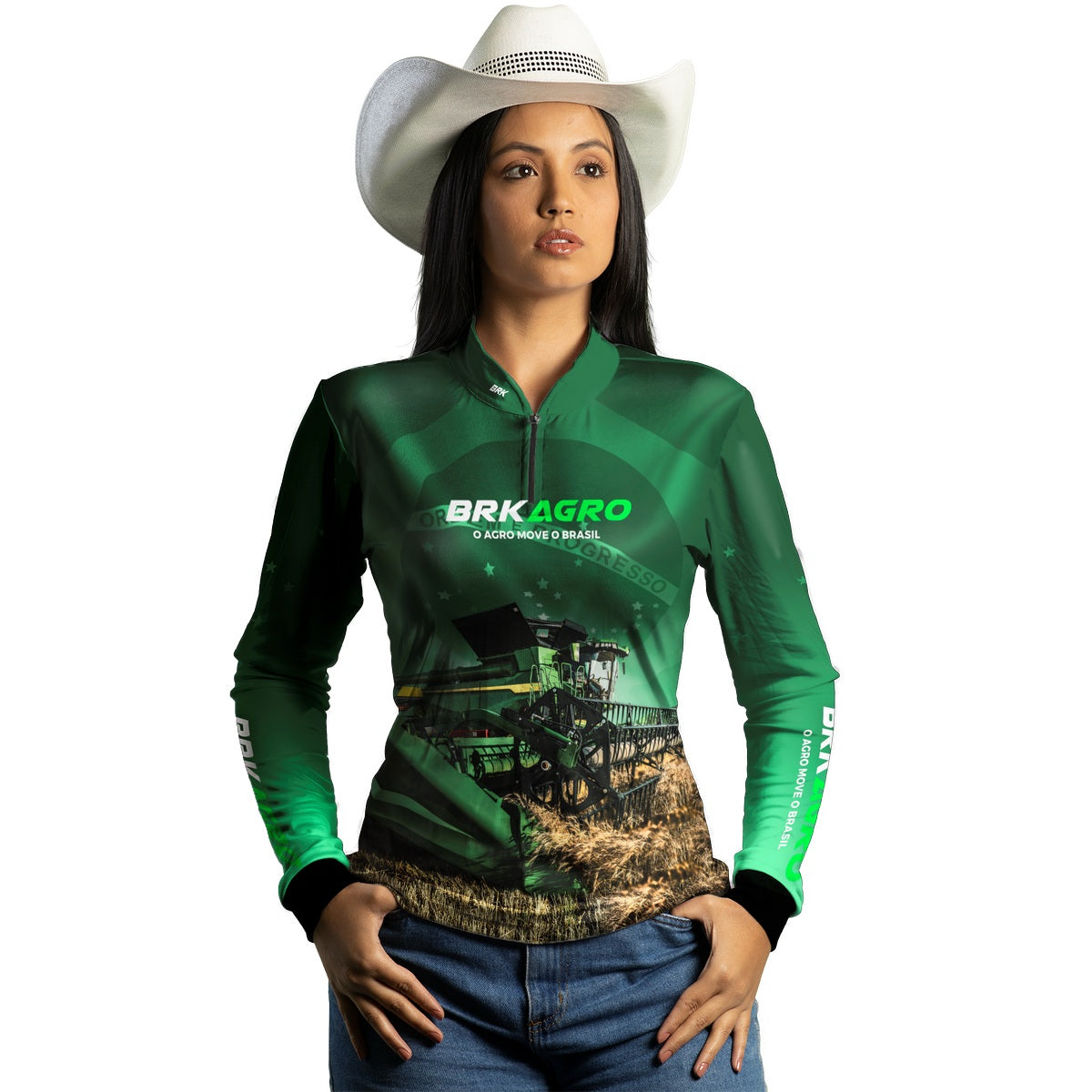 Camisa Feminina Agro  Brk o Agro Move o Brasil Colheitadeira com Proteção Solar UV50+ - Brk Agro
