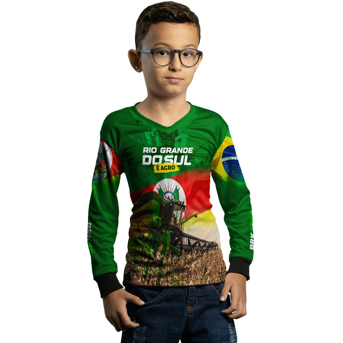 Camisa Agro Infantil Brk Colheitadeira e Rio Grande do Sul é Agro com Proteção Solar UV50+ - Brk Agro
