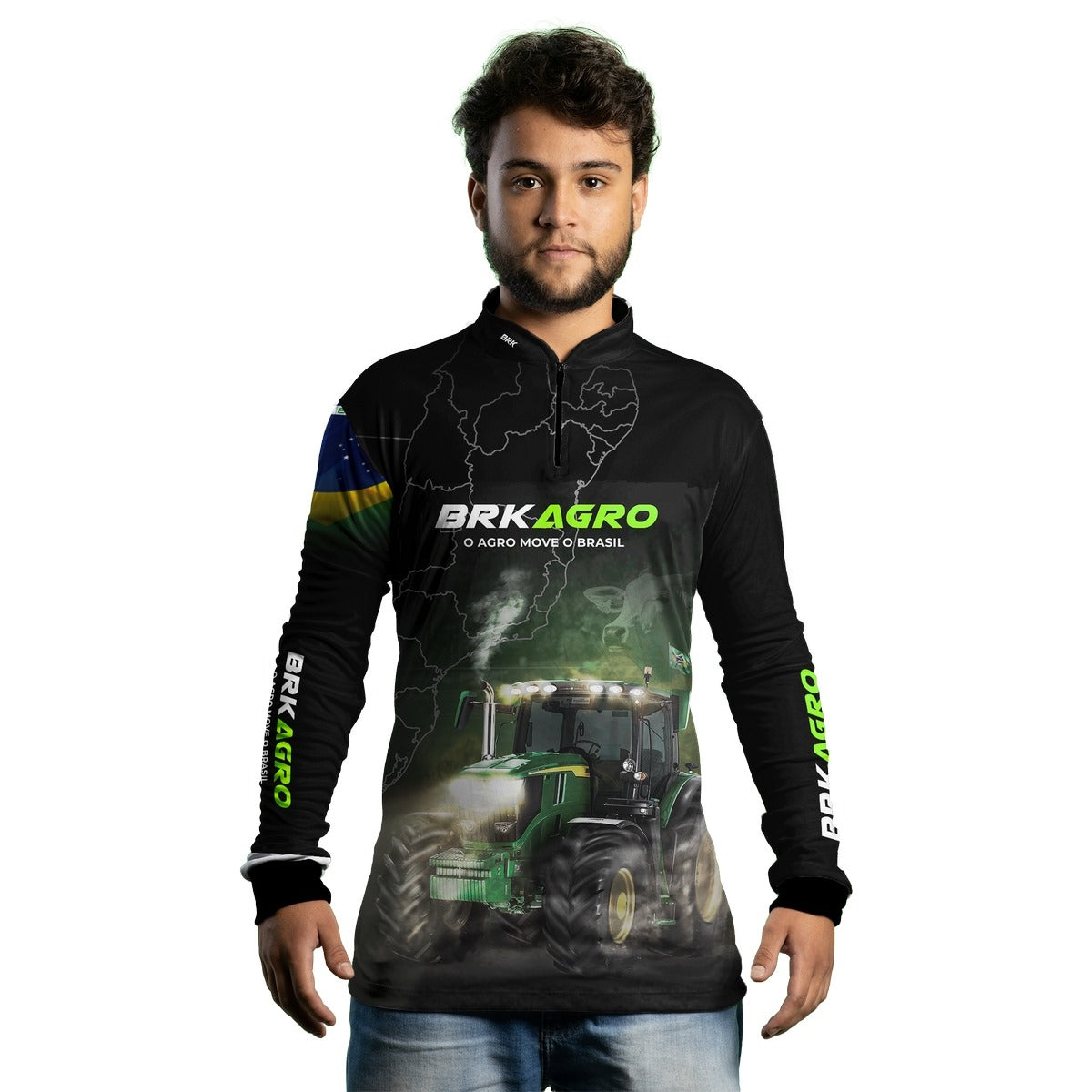 Camisa Agro Brk Preta O Agro Move o Brasil Trator com Proteção Solar UV50+ - Brk Agro