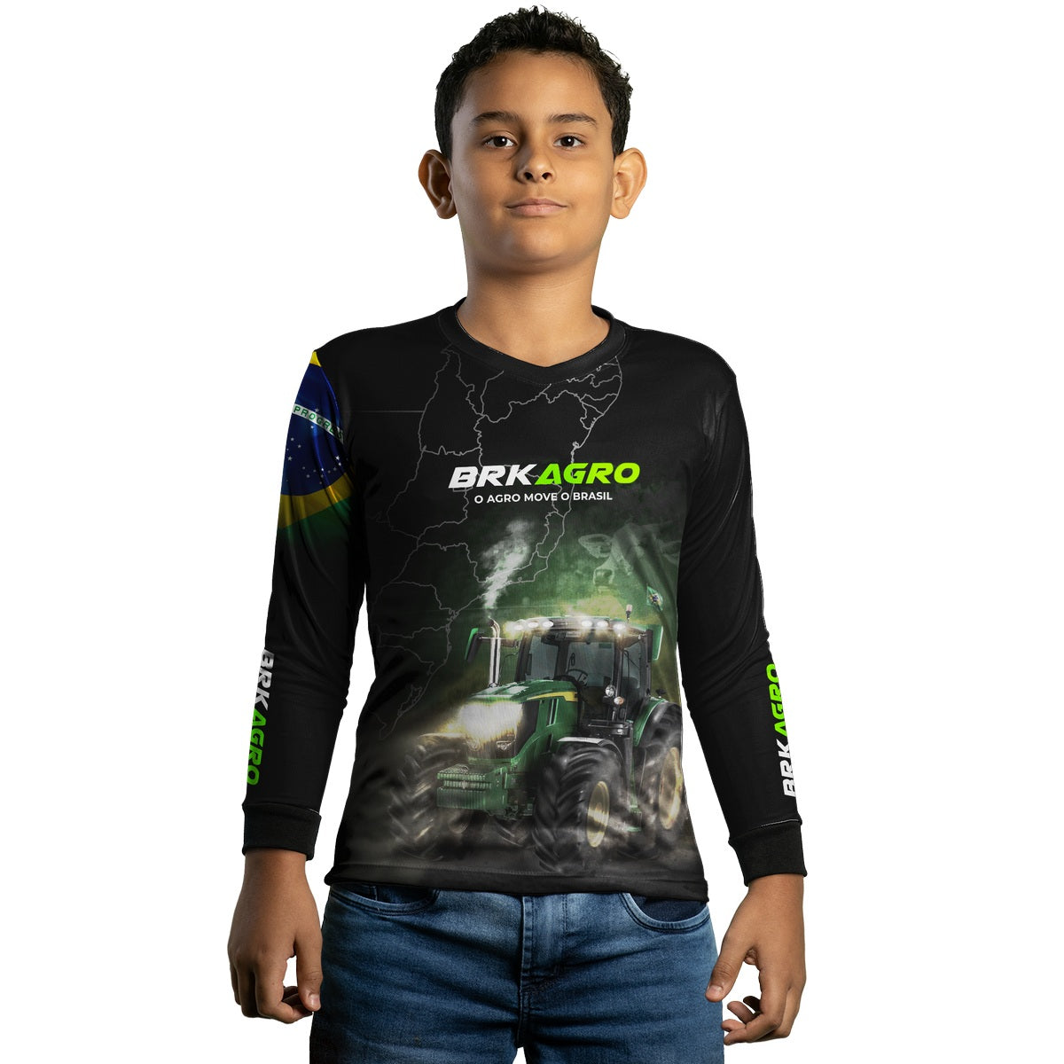 Camisa Infantil Agro Brk Preta O Agro Move o Brasil Trator com Proteção Solar UV50+ - Brk Agro
