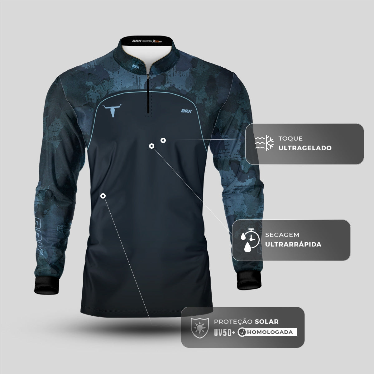 Camisa Agro Brk Camo Long Horn Brasil Azul com Proteção Solar UV50+ - Brk Agro