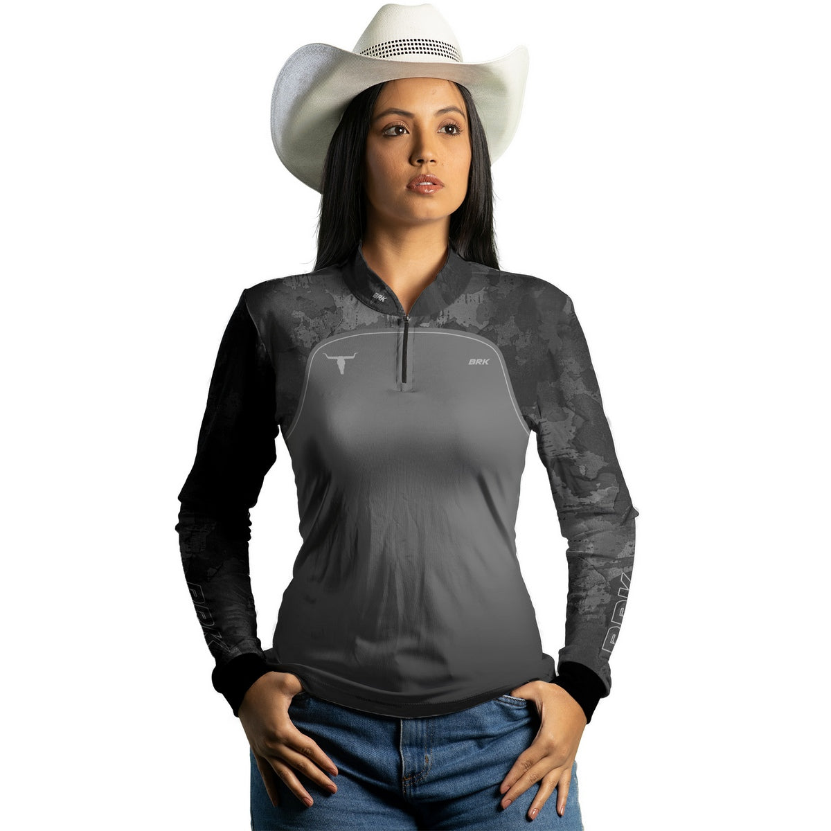 Camisa Feminina Agro  Brk Camo Long Horn Brasil Cinza com Proteção Solar UV50+ - Brk Agro