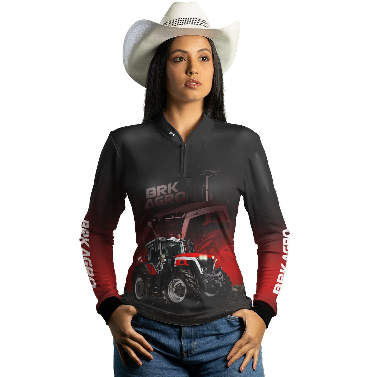 Camisa Feminina Agro  Brk Trator Vermelho MF 9S com Proteção Solar UV50+ - Brk Agro