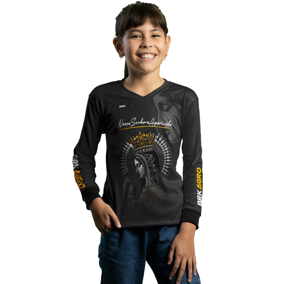 Camisa Infantil Agro Brk Feminina Preta Padroeira com Proteção Solar UV50+ - Brk Agro