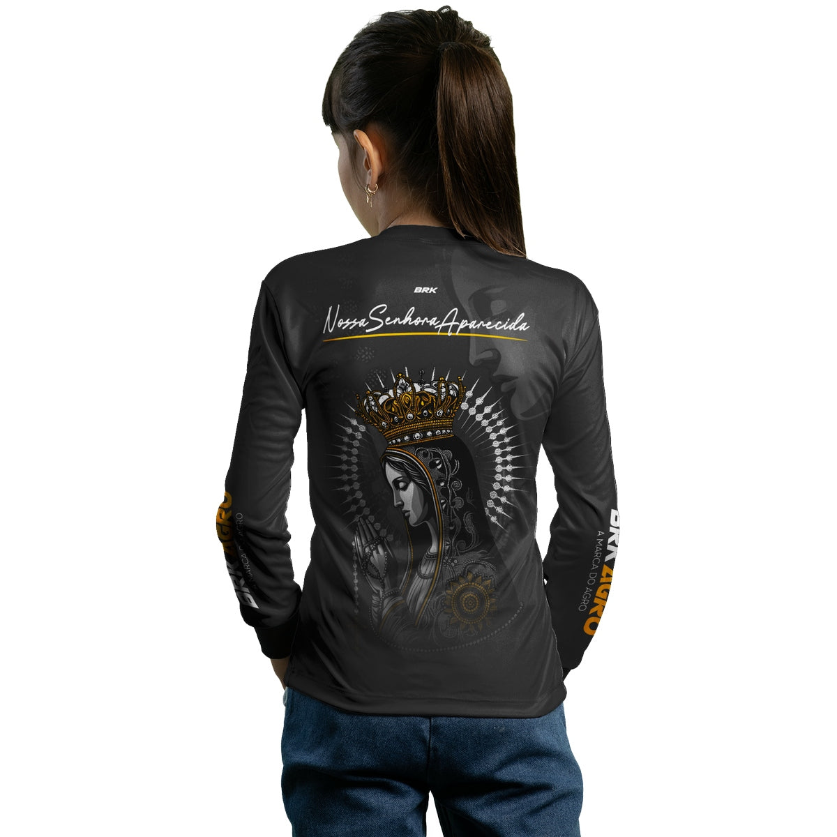 Camisa Infantil Agro Brk Feminina Preta Padroeira com Proteção Solar UV50+ - Brk Agro