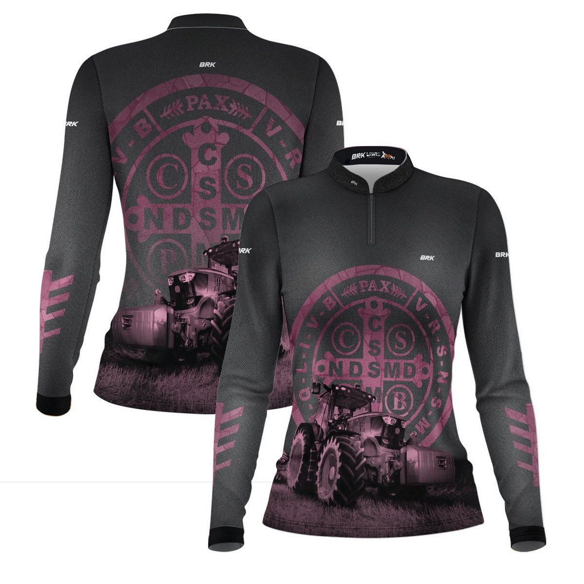 Camisa Feminina Agro  Brk Feminina Medalhão de São Bento Preto e Rosa UV50+ - Brk Agro