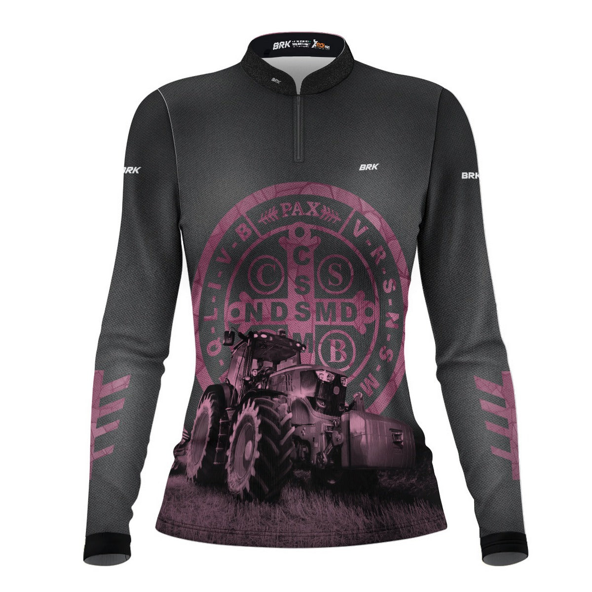 Camisa Feminina Agro  Brk Feminina Medalhão de São Bento Preto e Rosa UV50+ - Brk Agro