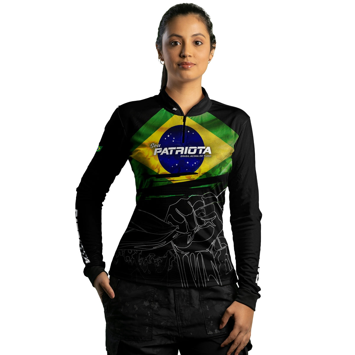 Camisa Feminina Agro  Brk Básica Patriota Preta Bandeira do Brasil com Proteção UV50+ - Brk Agro