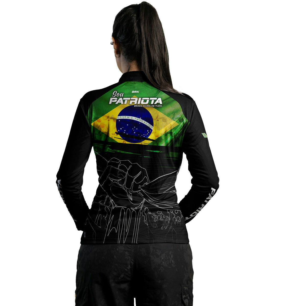 Camisa Feminina Agro  Brk Básica Patriota Preta Bandeira do Brasil com Proteção UV50+ - Brk Agro