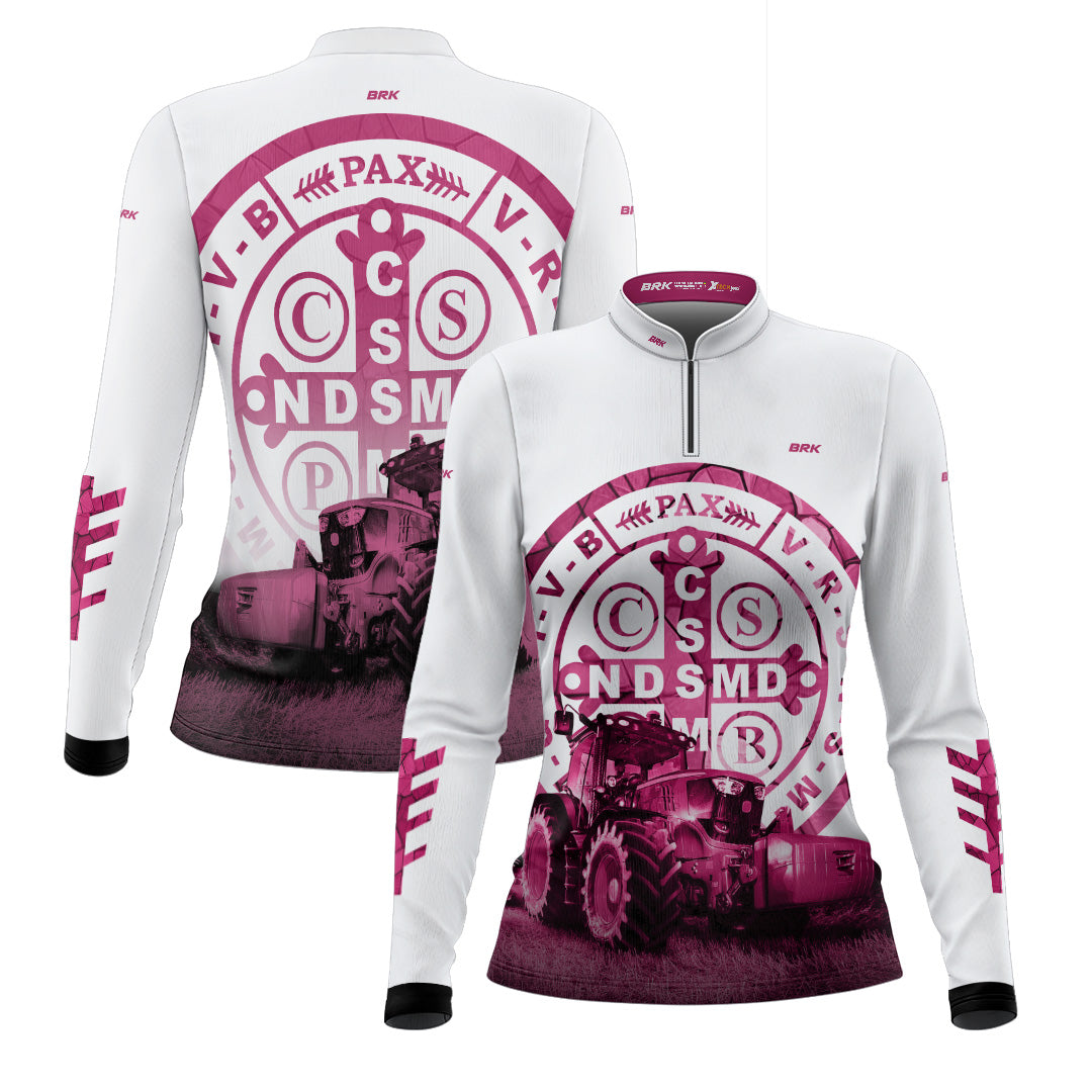 Camisa Feminina Agro  Medalhão de São Bento Branco e Rosa UV50+ - Brk Agro
