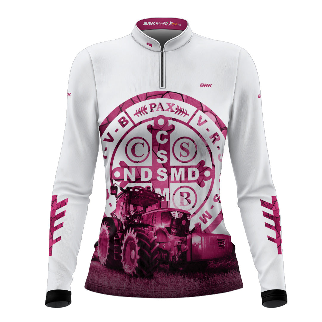 Camisa Feminina Agro  Medalhão de São Bento Branco e Rosa UV50+ - Brk Agro