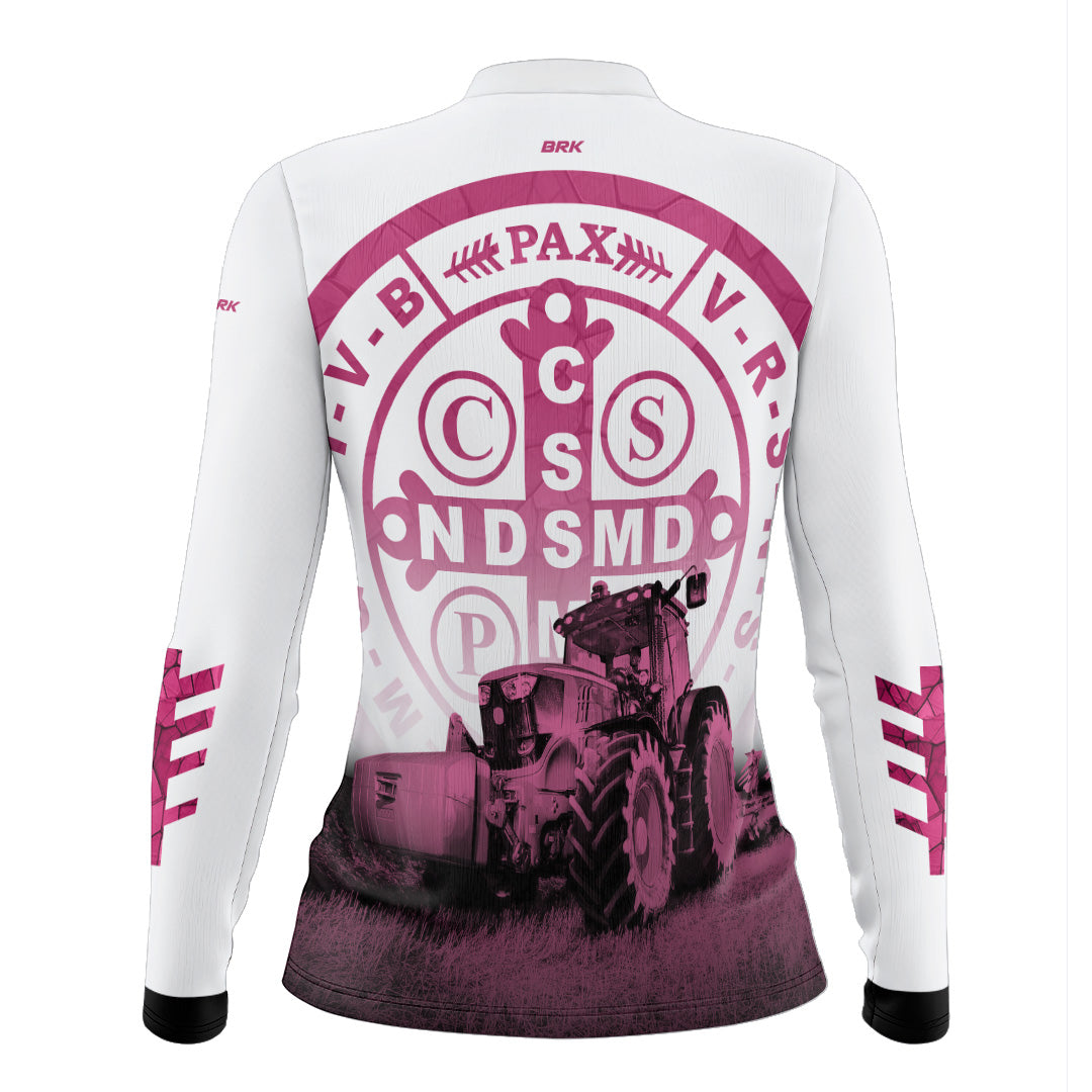 Camisa Feminina Agro  Medalhão de São Bento Branco e Rosa UV50+ - Brk Agro