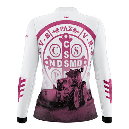 Camisa Feminina Agro  Medalhão de São Bento Branco e Rosa UV50+ - Brk Agro