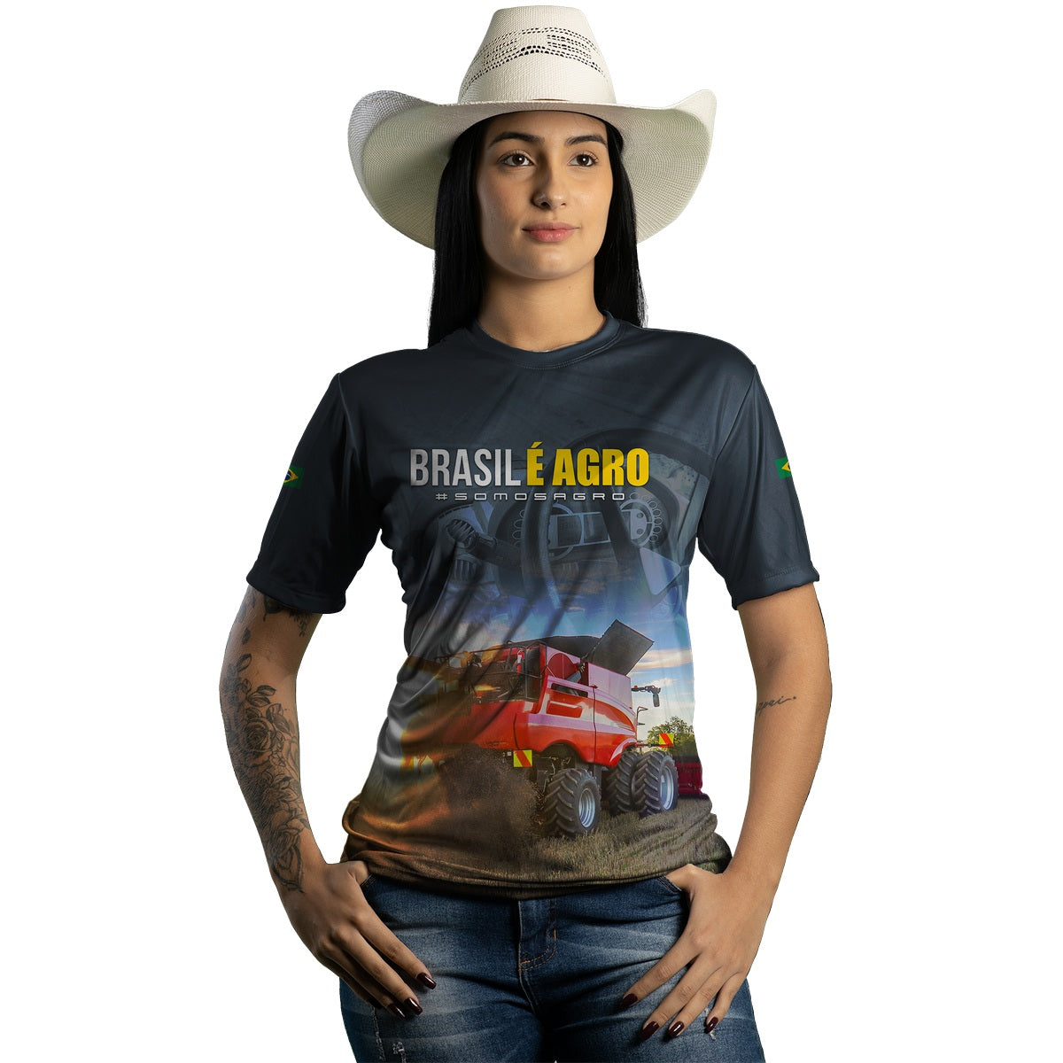 Camiseta Agro Feminina Brk Brasil é Agro Colheitadeira com Proteção Solar UV50+ - Brk Agro
