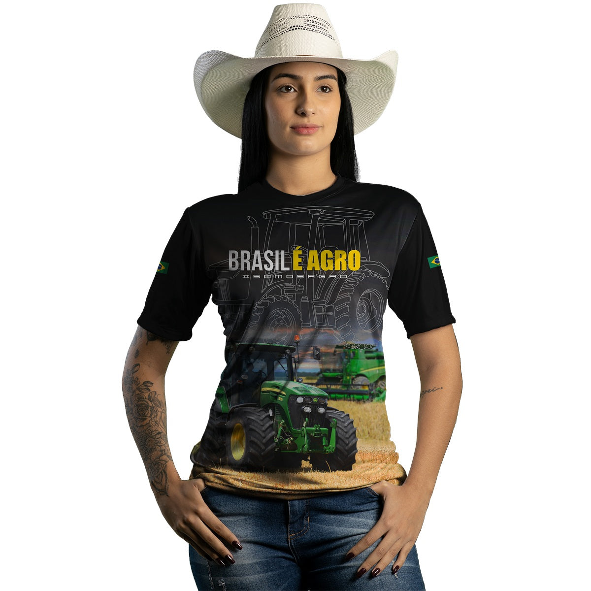 Camiseta Agro Feminina Brk Preta Brasil é Agro com Proteção Solar UV50+ - Brk Agro