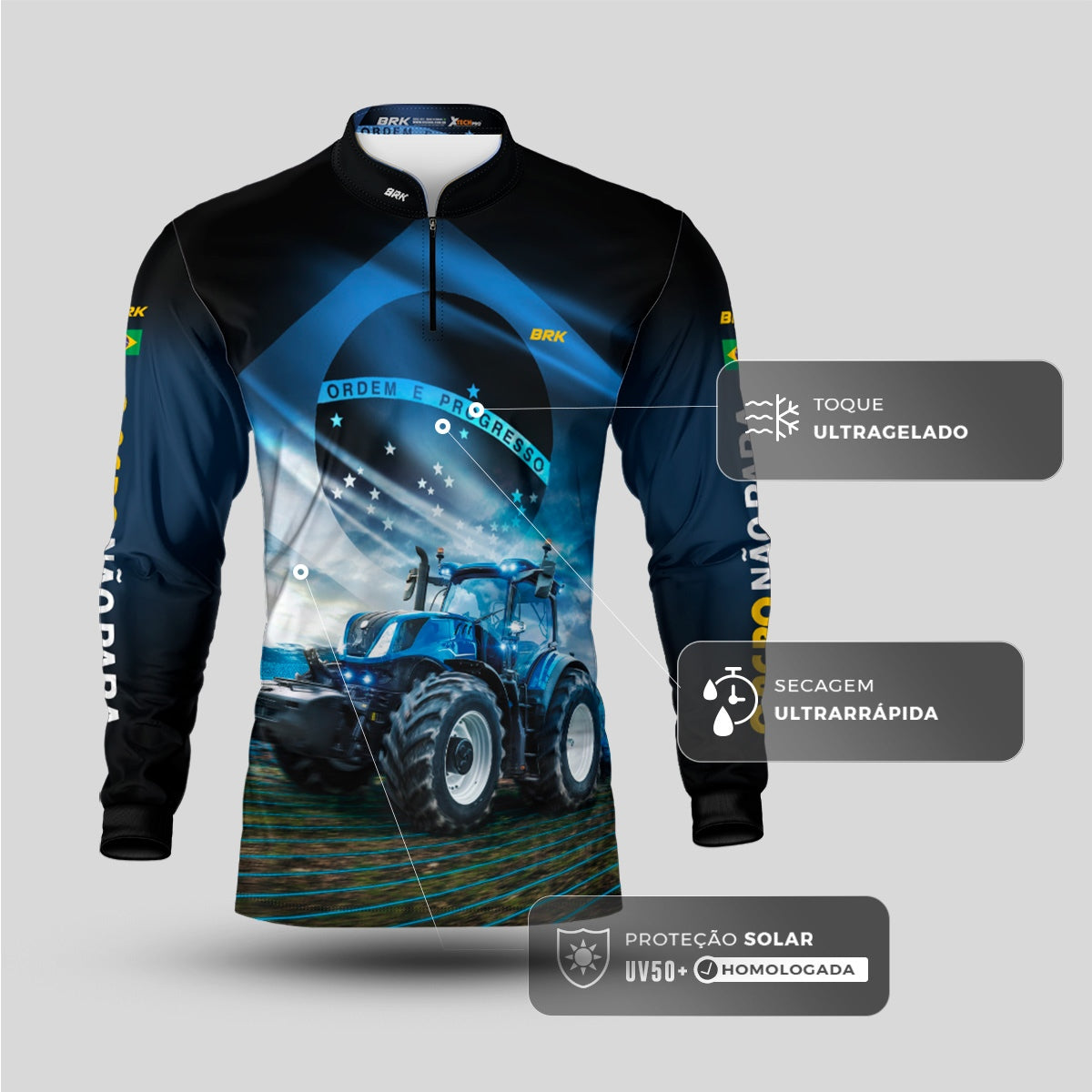 Camisa Agro Brk O Agro Não Para Azul Proteção Solar UV50+ - Brk Agro