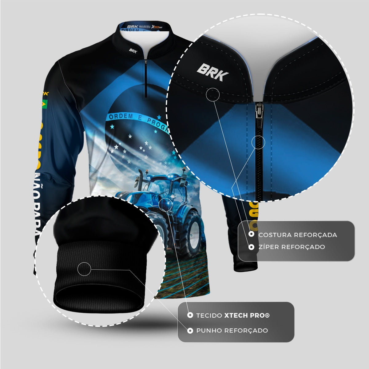 Camisa Agro Brk O Agro Não Para Azul Proteção Solar UV50+ - Brk Agro