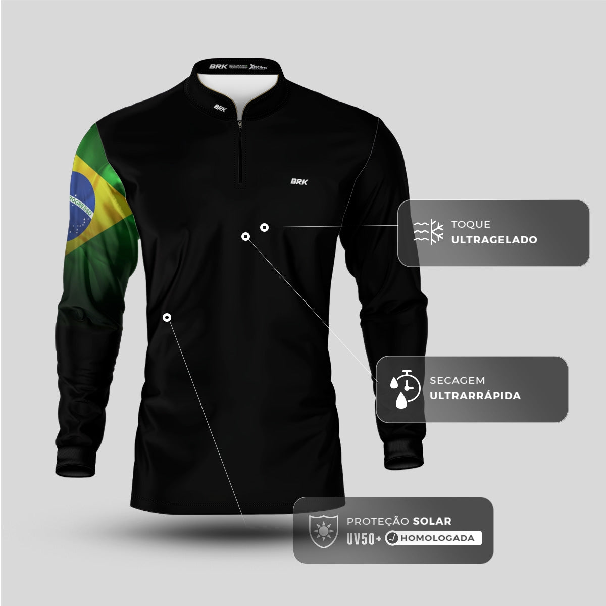 Camisa Brk Preta Bandeira do Brasil com Proteção Solar UV50 Envio Imediato - Brk Agro