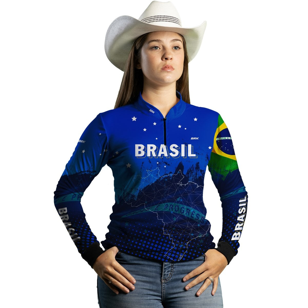 Camisa Feminina Agro Brk Brasil Azul com Proteção Solar UV50+ - Brk Agro